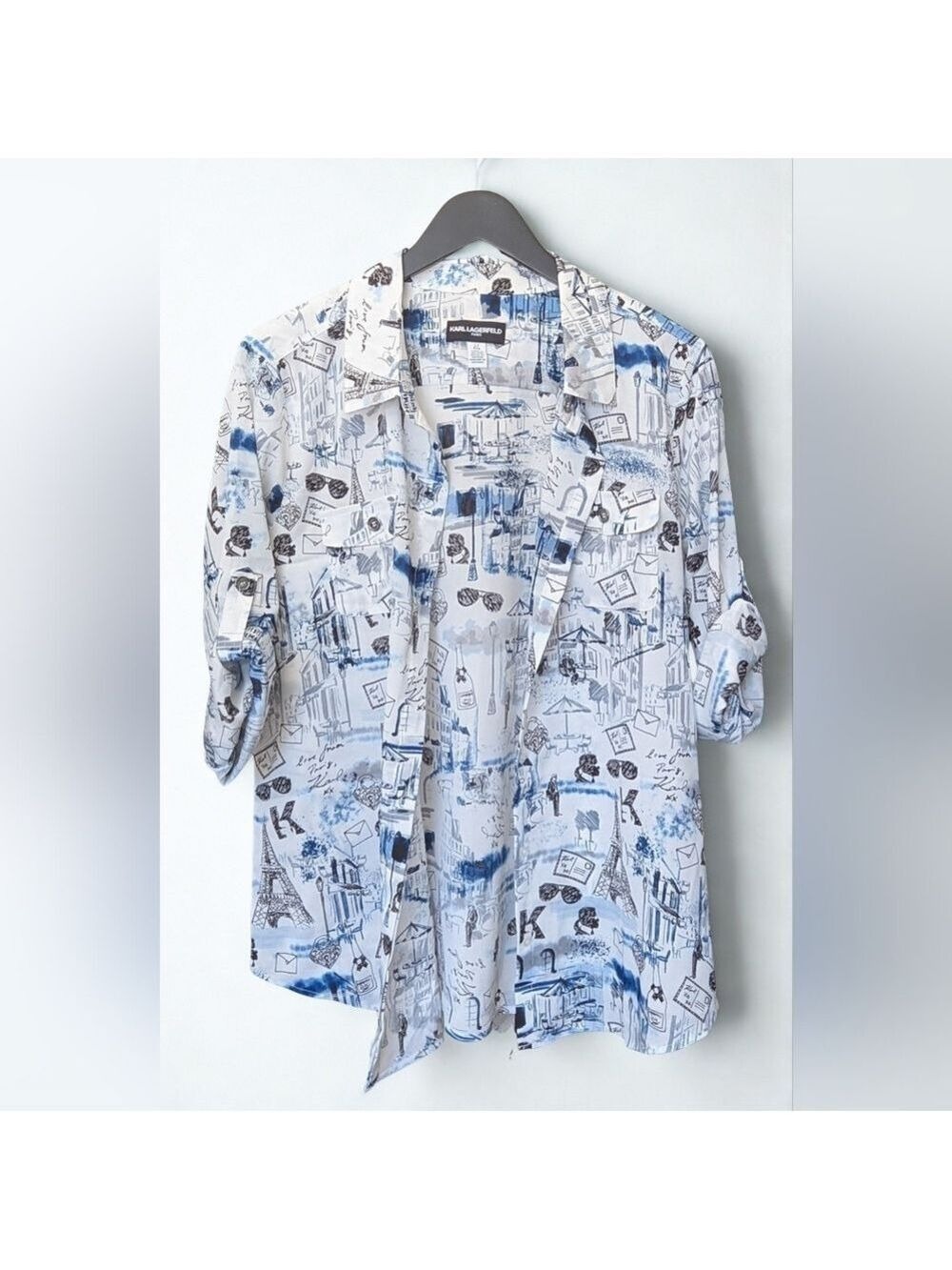 Karl Lagerfeld Blue White Graphic Button Up Shirt